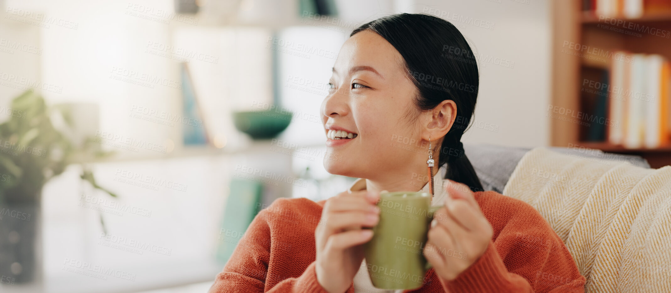 Buy stock photo Thinking, coffee and Asian woman on couch, relax and decision with inspiration, decision and calm in living room. Japan, female and lady with tea, motivation and ideas in lounge, peace and gratitude