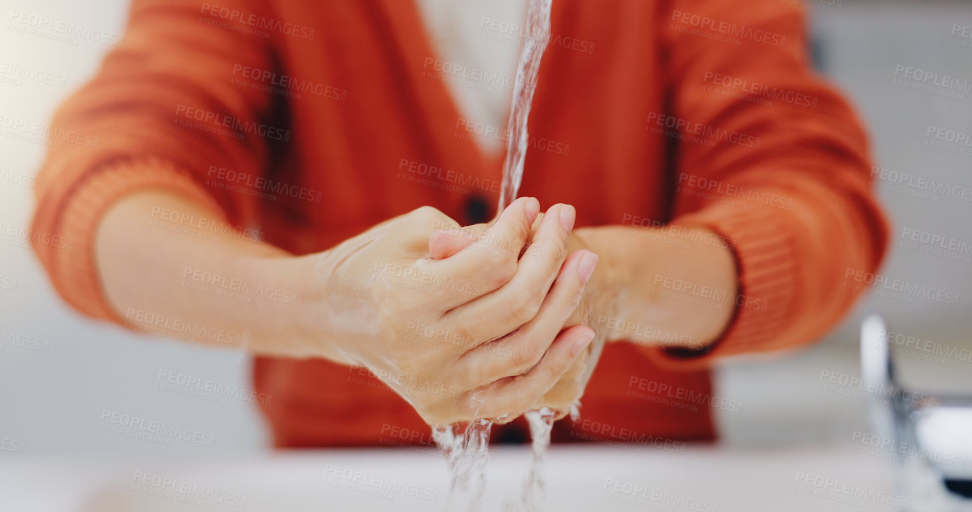 Buy stock photo Washing hands, water and cleaning at sink in bathroom for hygiene, wellness or health. Skincare, liquid and woman clean hand to remove bacteria, germs and dirt, sanitary and disinfection in home.