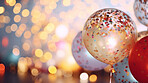 New Year celebration Festive background with falling confetti, balloons and bokeh lights.