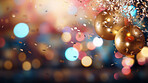 New Year celebration Festive background with falling confetti, balloons and bokeh lights.