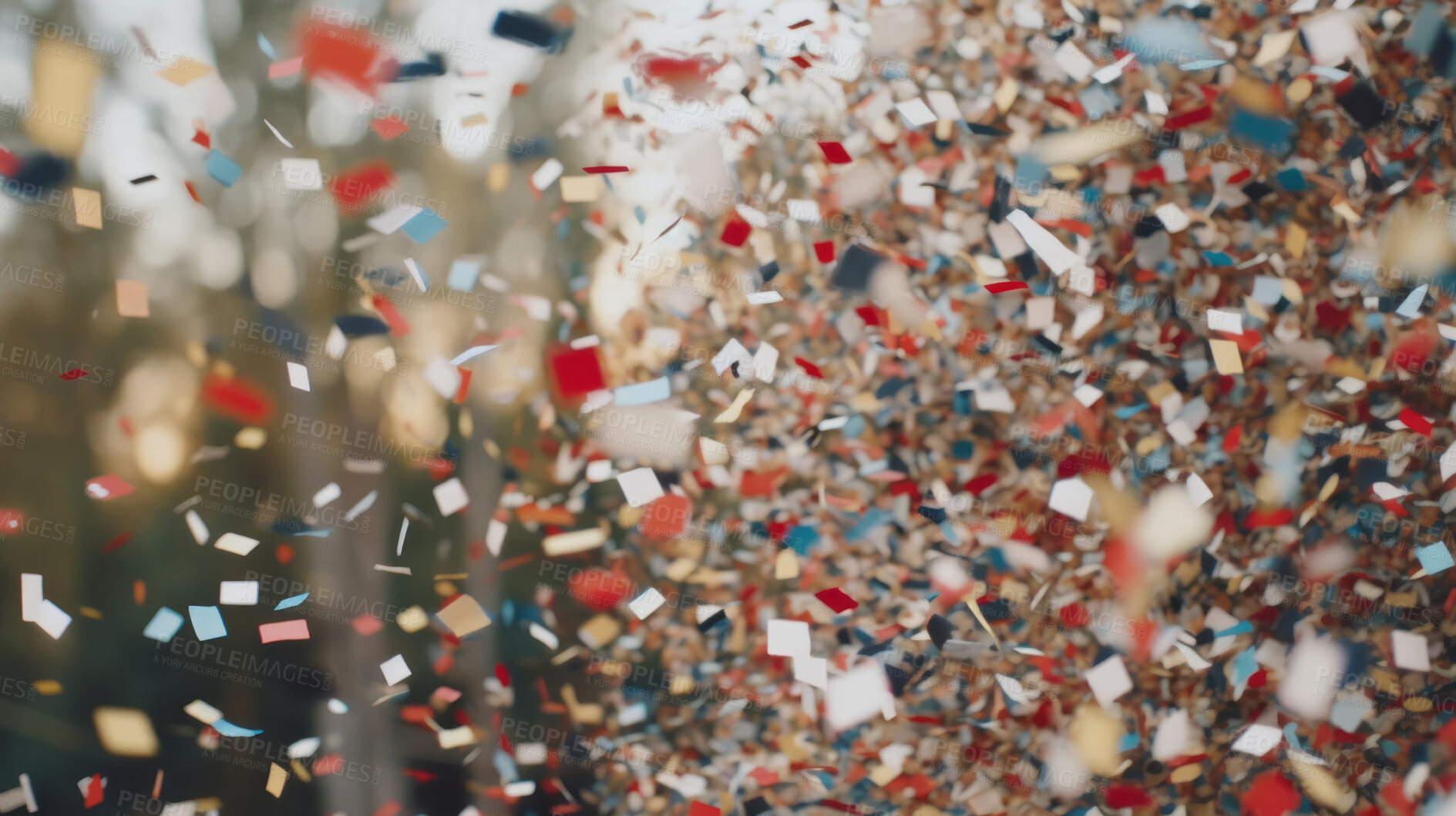 Buy stock photo New Year celebration Festive background with falling confetti and bokeh lights.