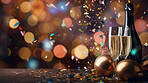 New Year celebration Festive 
background with falling confetti. Celebrate with alcohol and bokeh.