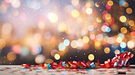 New Year celebration Festive background with falling confetti and bokeh lights.