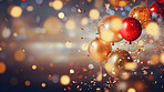 New Year celebration Festive background with falling confetti, balloons and bokeh lights.