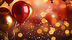 New Year celebration Festive background with falling confetti, balloons and bokeh lights.