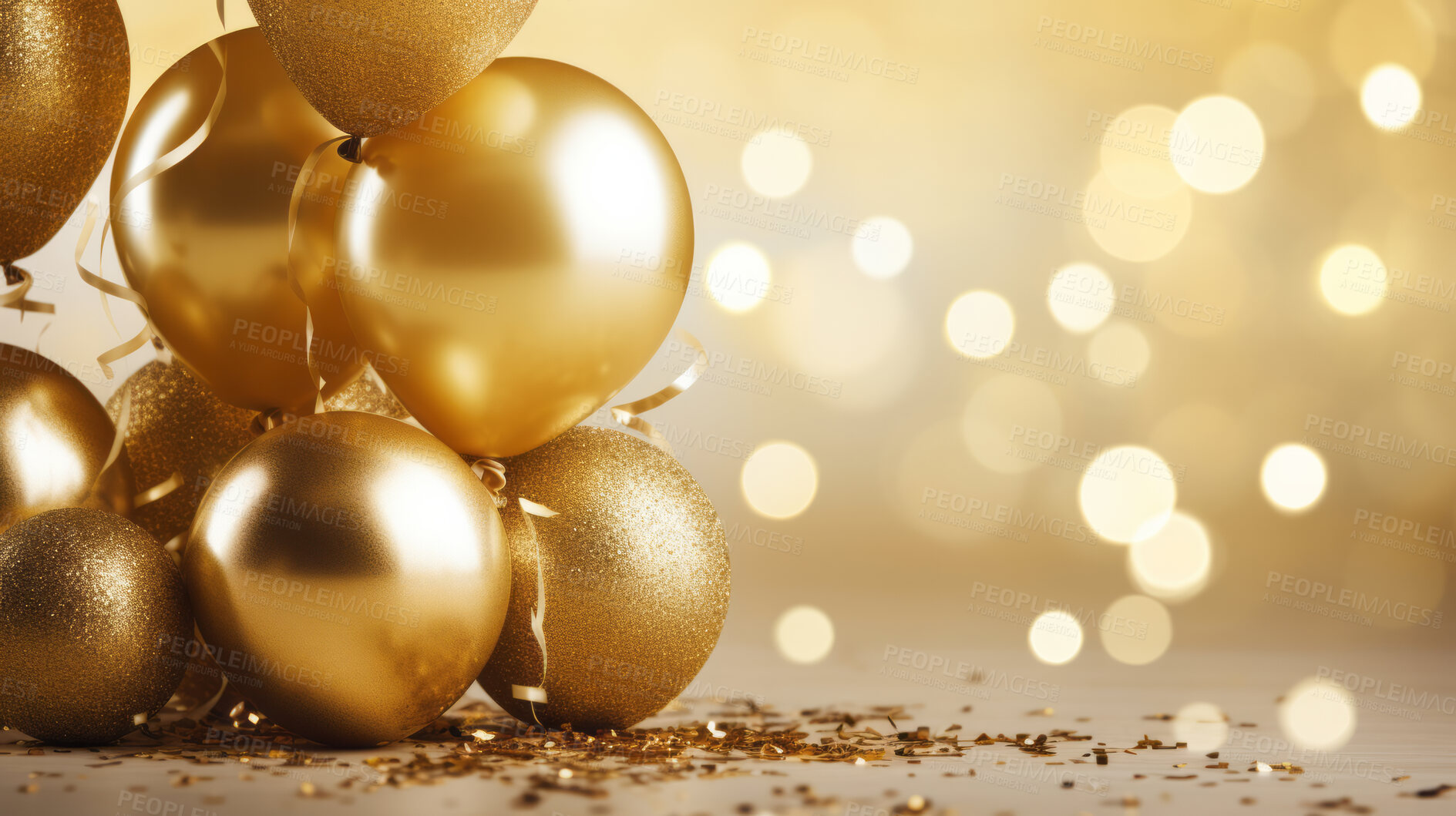 Buy stock photo New Year celebration Festive background with falling confetti, balloons and bokeh lights.