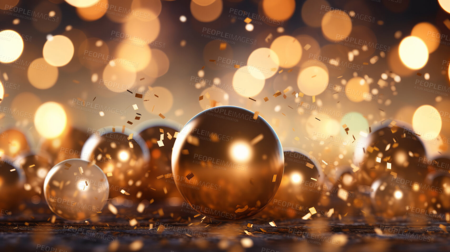 Buy stock photo New Year celebration Festive background with falling confetti, balloons and bokeh lights.