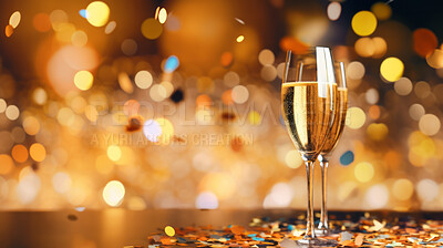 New Year celebration Festive background with falling confetti. Celebrate with alcohol and bokeh.