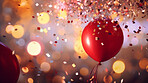 New Year celebration Festive background with falling confetti, balloons and bokeh lights.