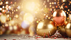 New Year celebration Festive background with falling confetti, balloons and bokeh lights.