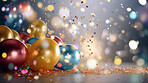 New Year celebration Festive background with falling confetti, balloons and bokeh lights.