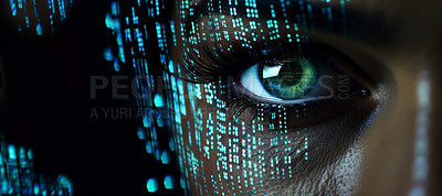 Close up of eye with digital code.Hacker, cyber security, programming.