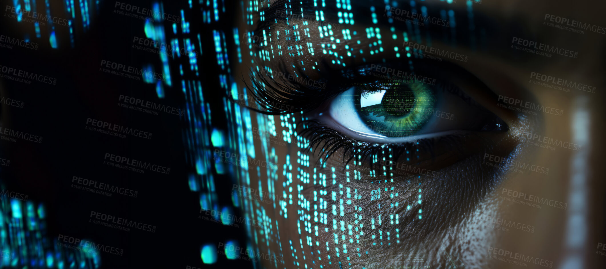 Buy stock photo Close up of eye with digital code.Hacker, cyber security, programming.