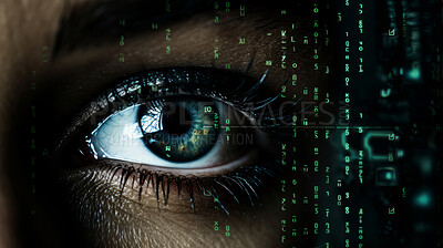 Close up of eye with digital code.Hacker, cyber security, programming background.
