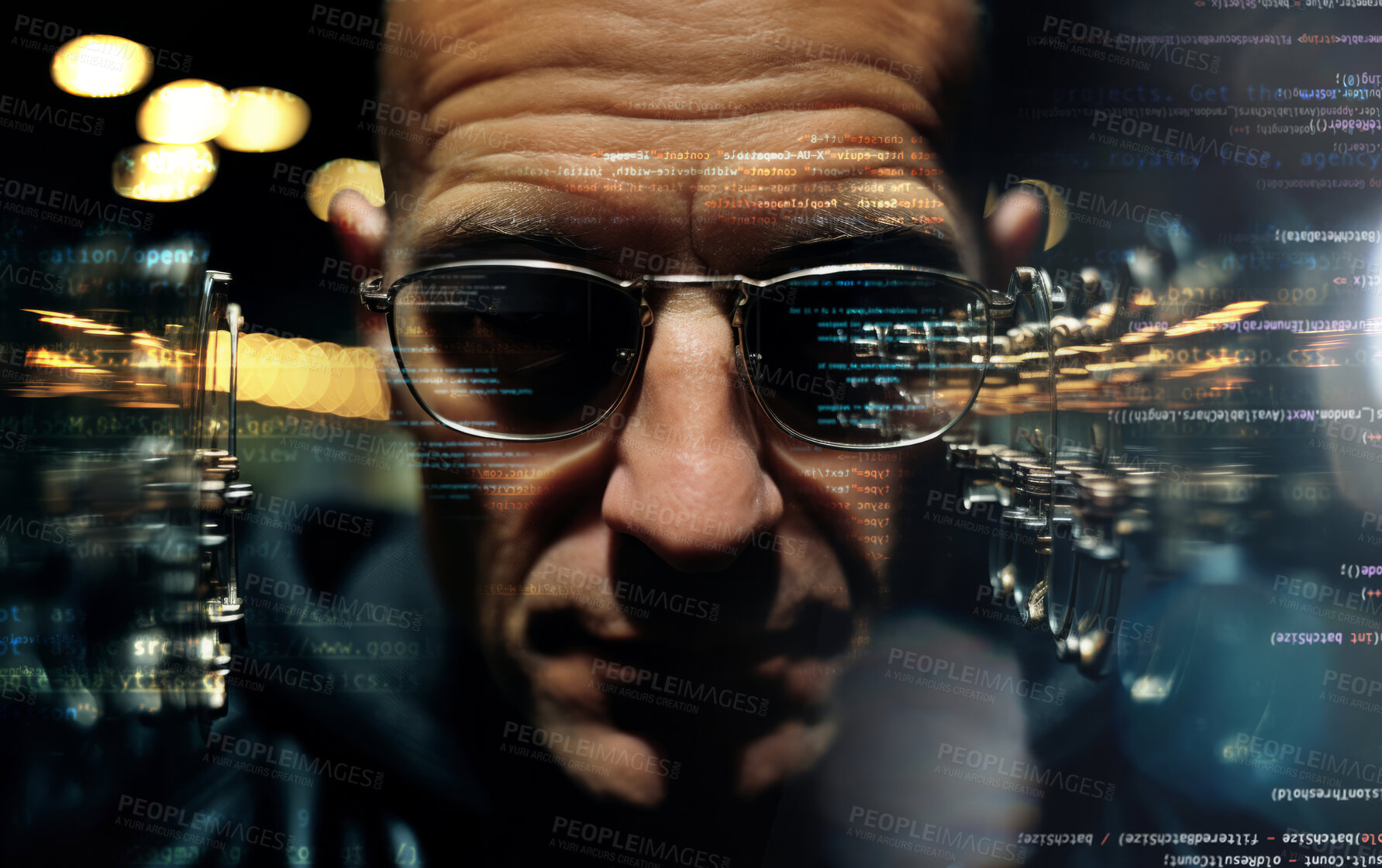 Buy stock photo Close up of hackers face with digital code reflecting on hackers face and glasses.