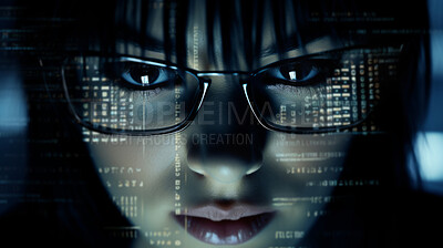 Close up of hackers face with digital code reflecting on hackers face and glasses.