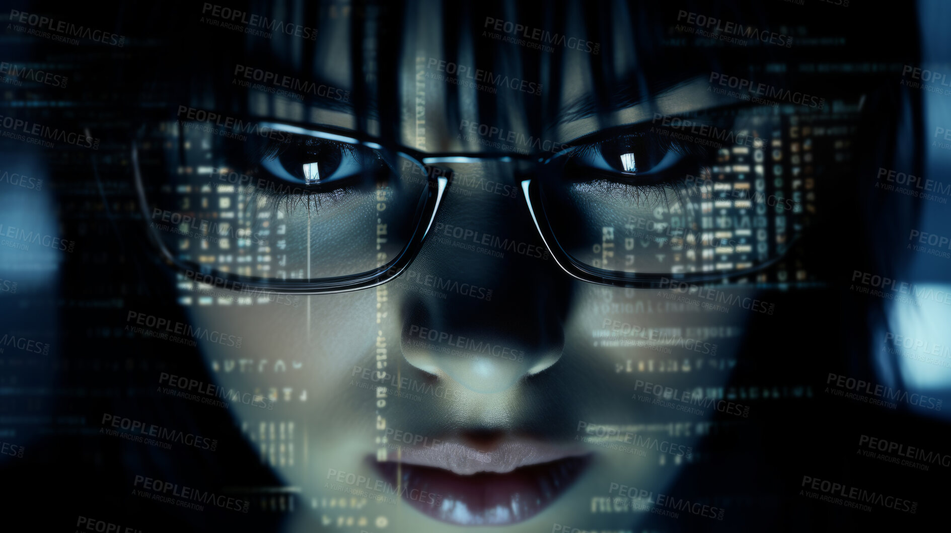 Buy stock photo Close up of hackers face with digital code reflecting on hackers face and glasses.