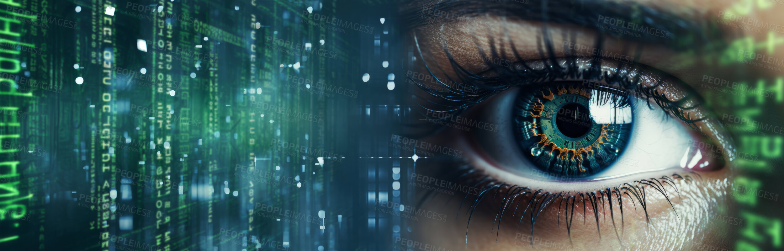 Buy stock photo Close up of eye with digital code.Hacker, cyber security, programming background.