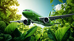 Airplane in leaves on green copyspace background. Sustainable travel, zero emissions travel concept