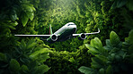 Airplane in leaves on green copyspace background. Sustainable travel, zero emissions travel concept