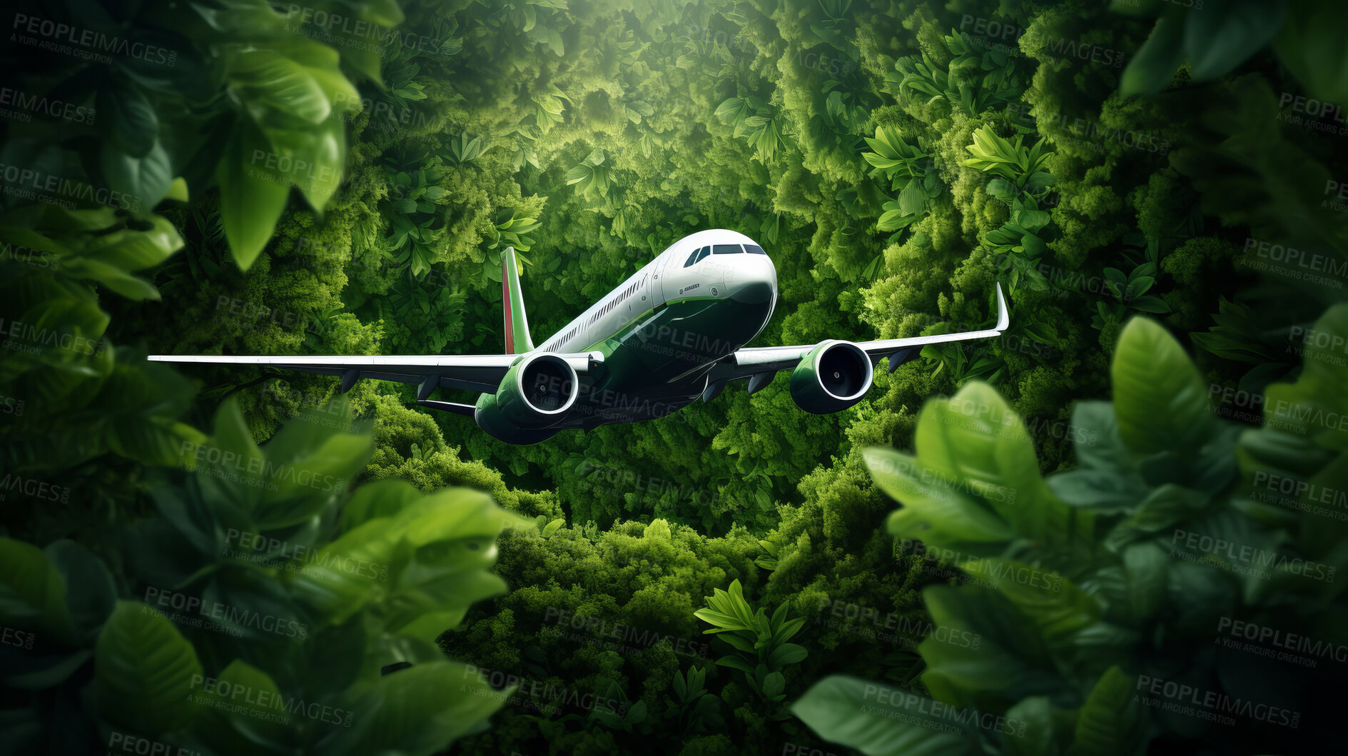 Buy stock photo Airplane in leaves on green copyspace background. Sustainable travel, zero emissions travel concept