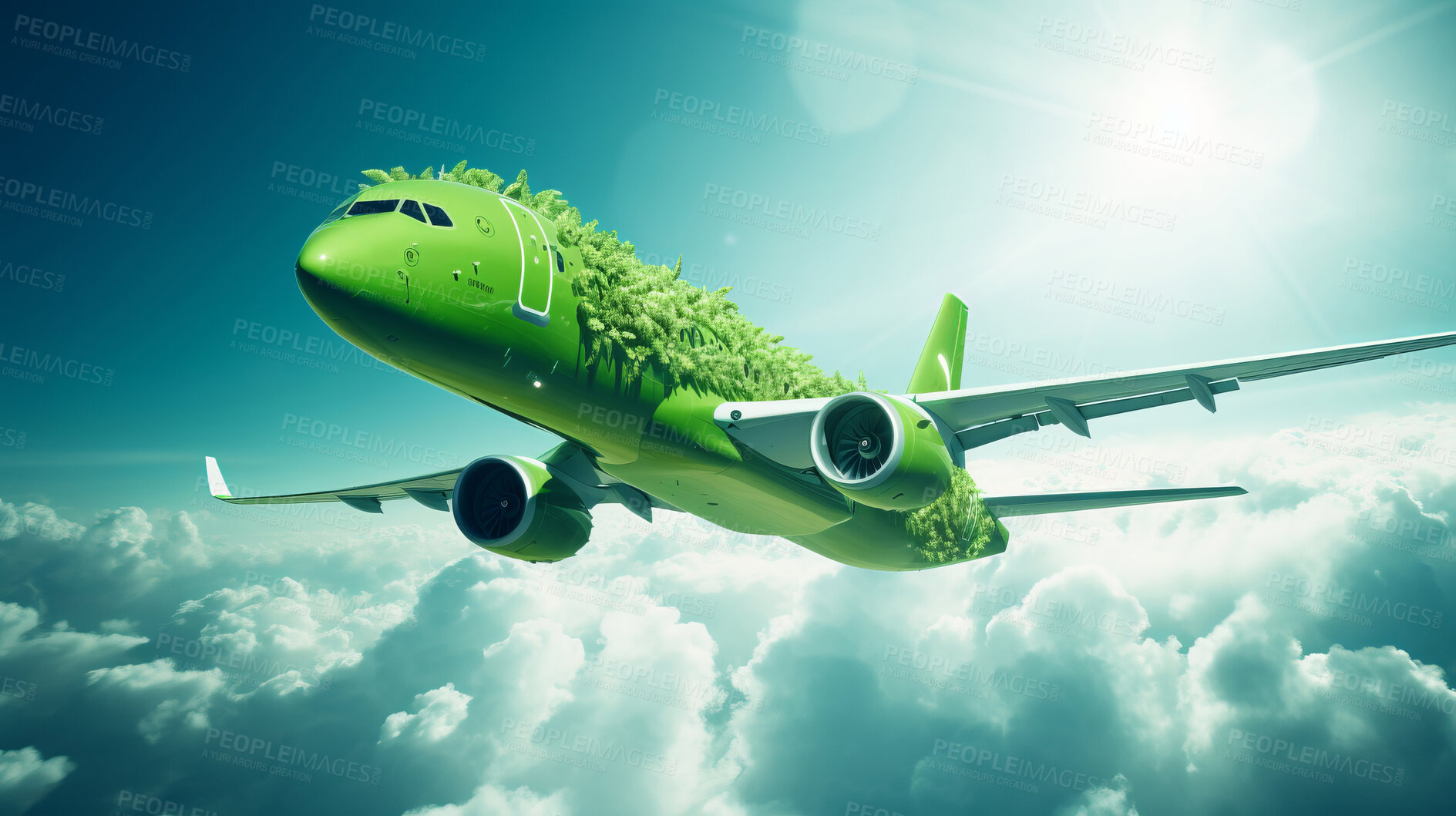 Buy stock photo Airplane in leaves on green copyspace background. Sustainable travel, zero emissions travel concept