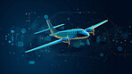 Airplane on dark copyspace background. Future technology, network and travel concept