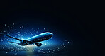 Airplane on dark copyspace background. Future technology, network and travel concept