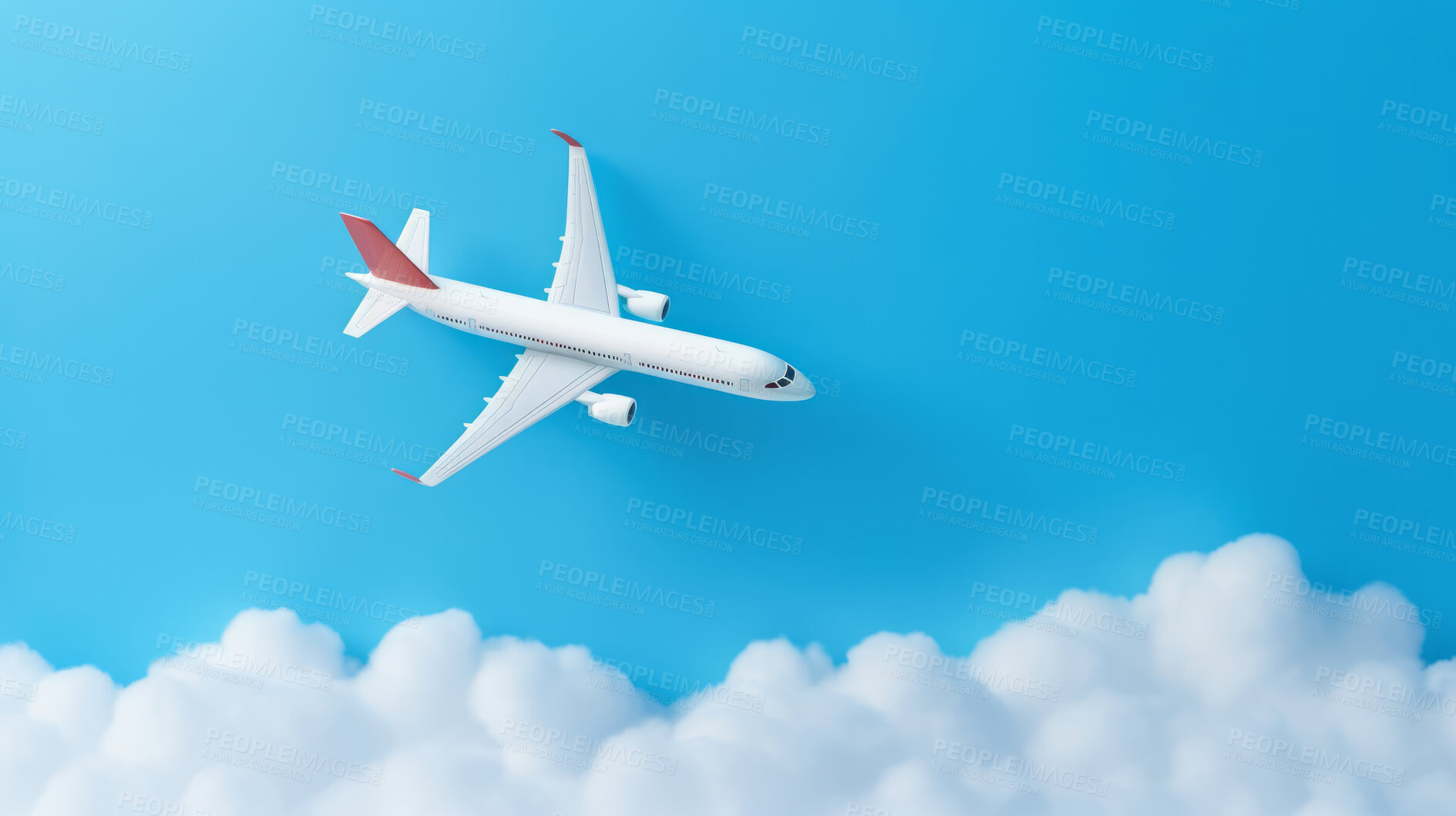 Buy stock photo Airplane on blue copyspace background with clouds. Sustainable travel, zero emissions travel concept