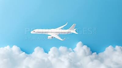 Airplane on blue copyspace background with clouds. Sustainable travel, zero emissions travel concept