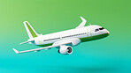 Airplane green and blue copyspace background. Sustainable travel, zero emissions and biofuel concept.