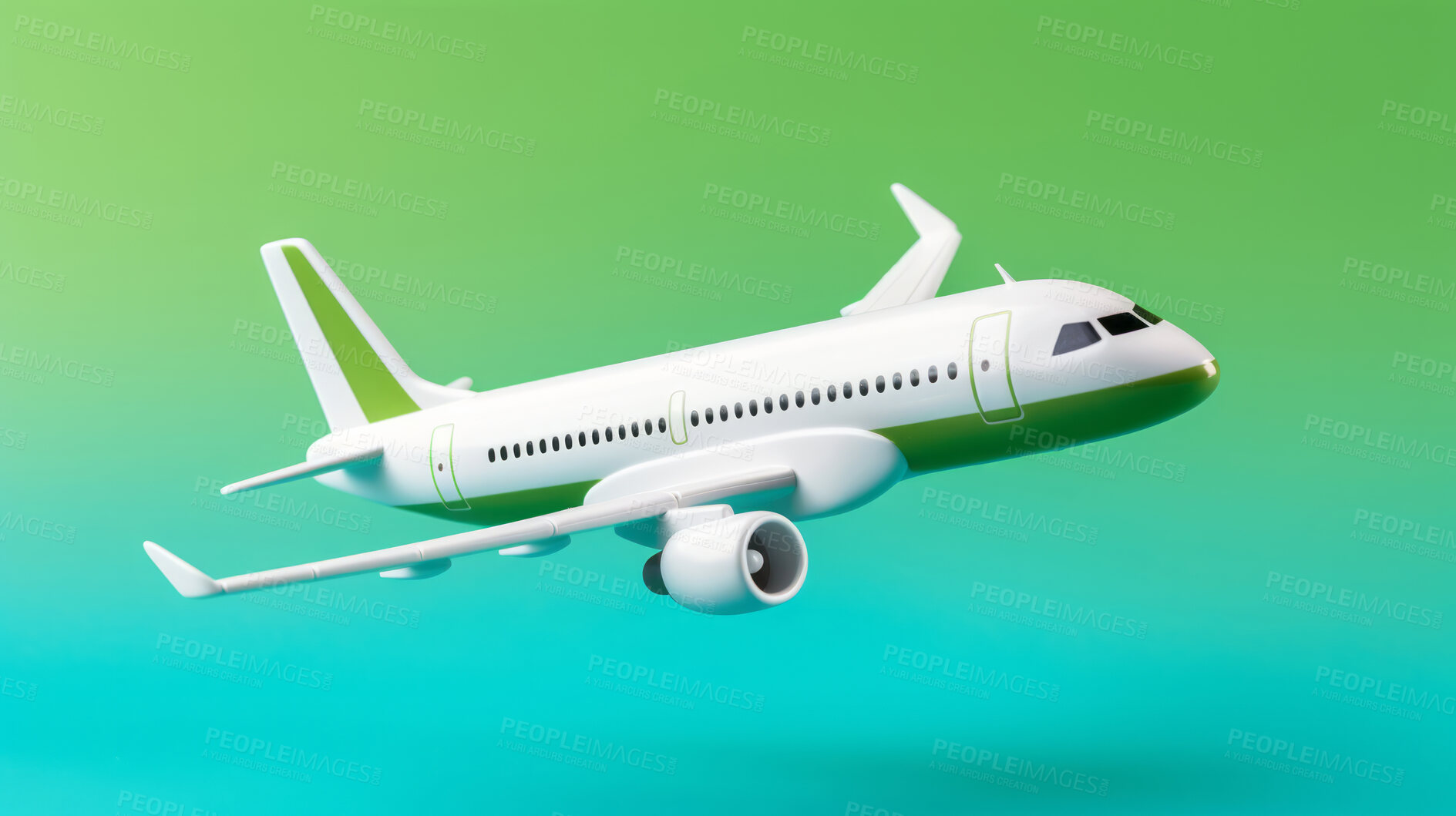 Buy stock photo Airplane green and blue copyspace background. Sustainable travel, zero emissions and biofuel concept.