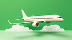 Airplane on green copyspace background with clouds. Sustainable travel, zero emissions travel concept