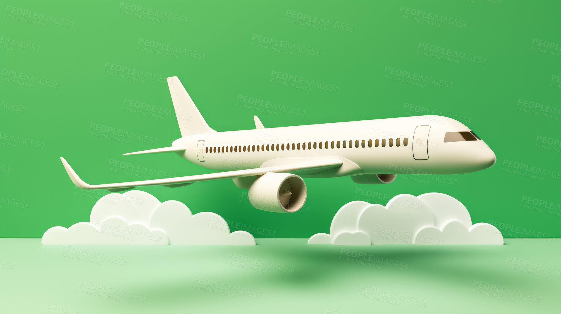 Buy stock photo Airplane on green copyspace background with clouds. Sustainable travel, zero emissions travel concept