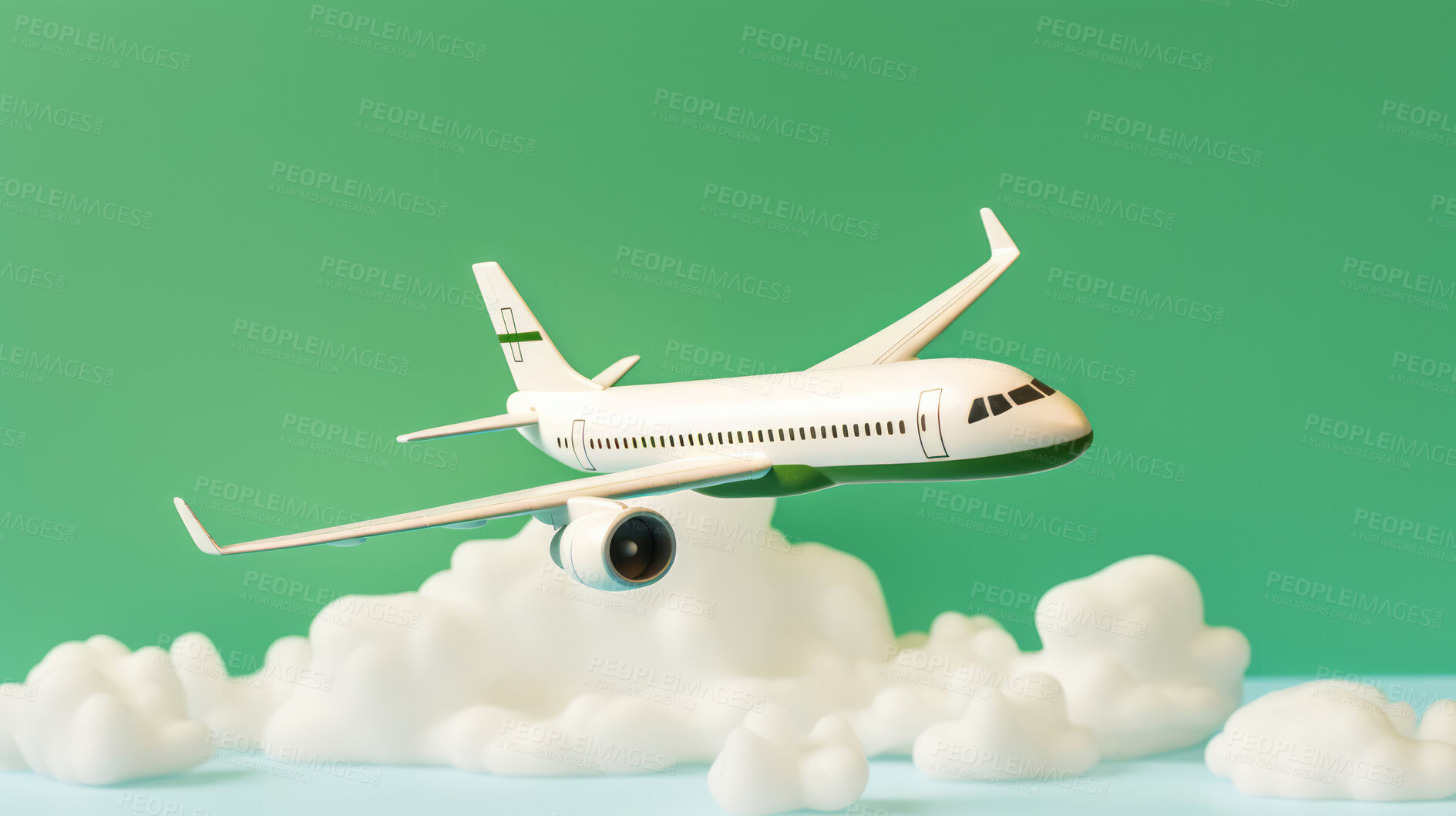 Buy stock photo Airplane on green copyspace background with clouds. Sustainable travel, zero emissions travel concept