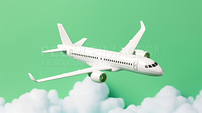 Airplane on green copyspace background with clouds. Sustainable travel, zero emissions travel concept