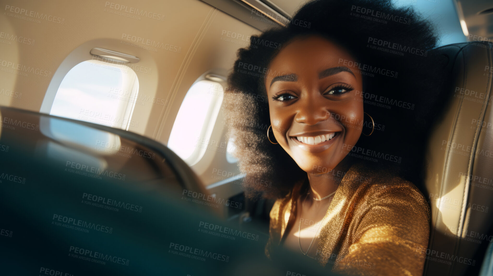 Buy stock photo Woman in airplane window seat looking at camera while traveling. Easy lifestyle concept