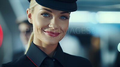 Travel female cabin crew with welcoming smile. Captain, stewardess, flight attendant concept