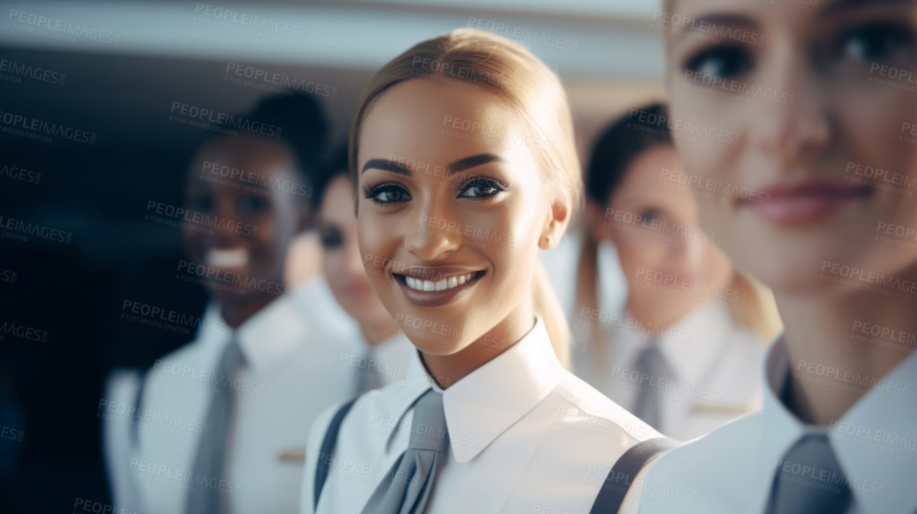 Buy stock photo Group of smiling stewardess cabin crew. Friendly service travel concept