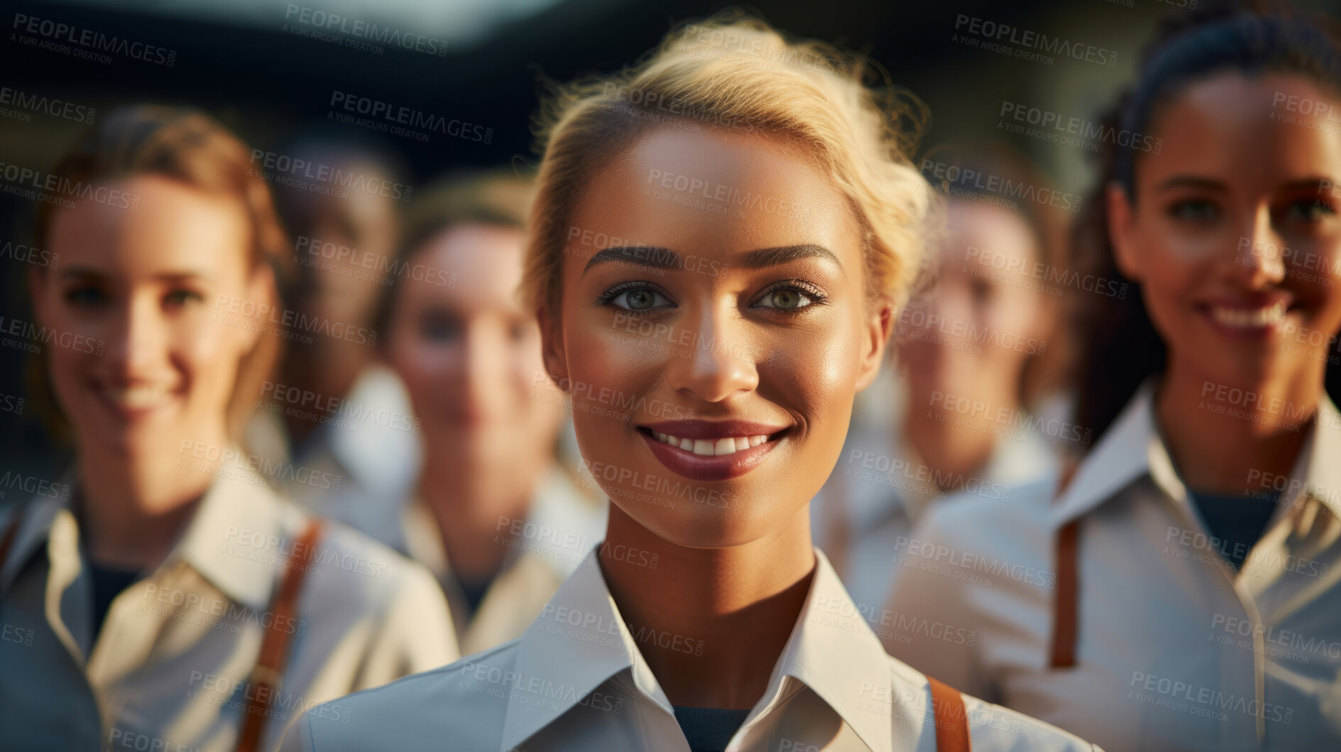 Buy stock photo Group of smiling stewardess cabin crew. Friendly service travel concept