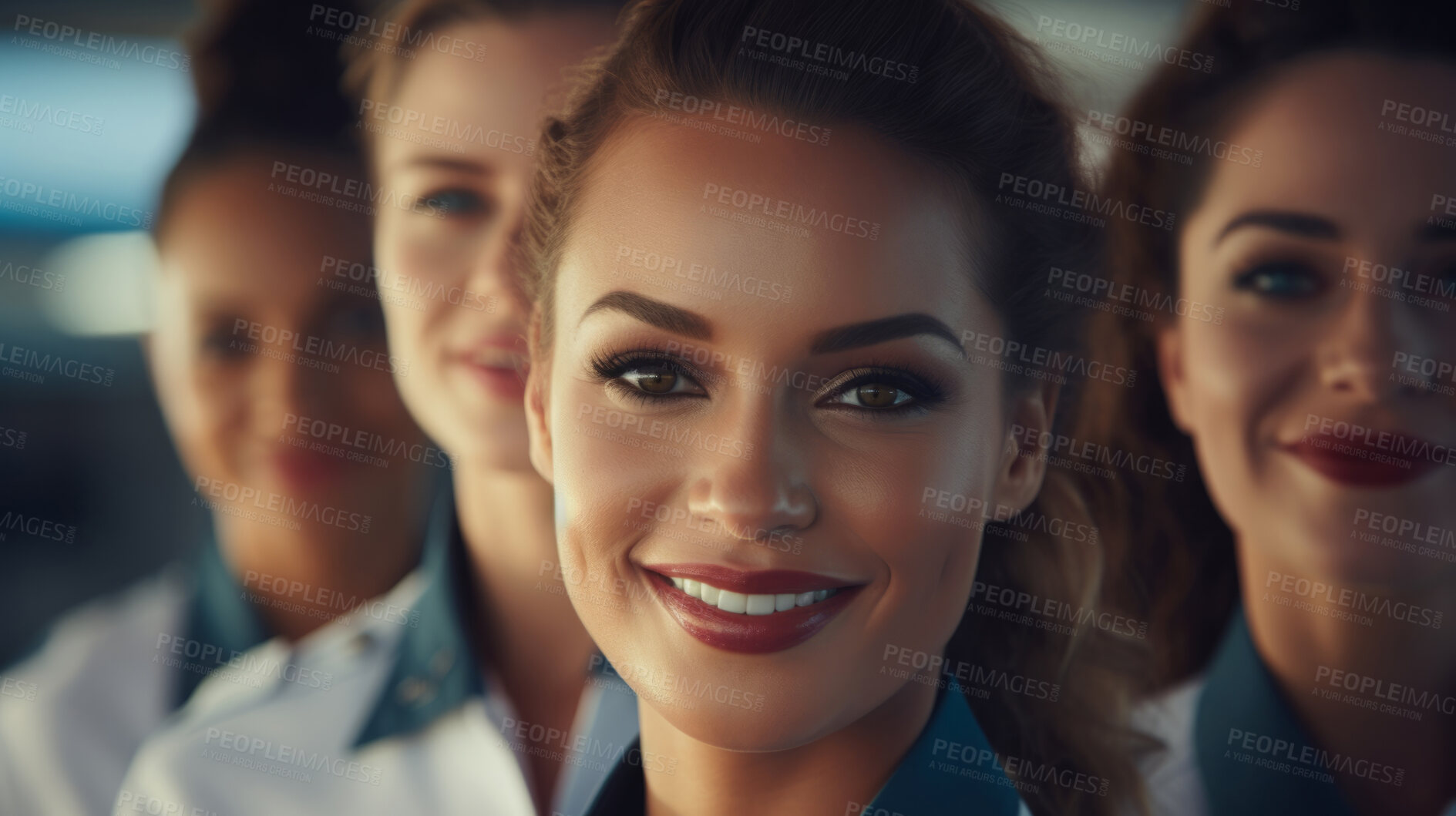 Buy stock photo Group of smiling stewardess cabin crew. Friendly service travel concept