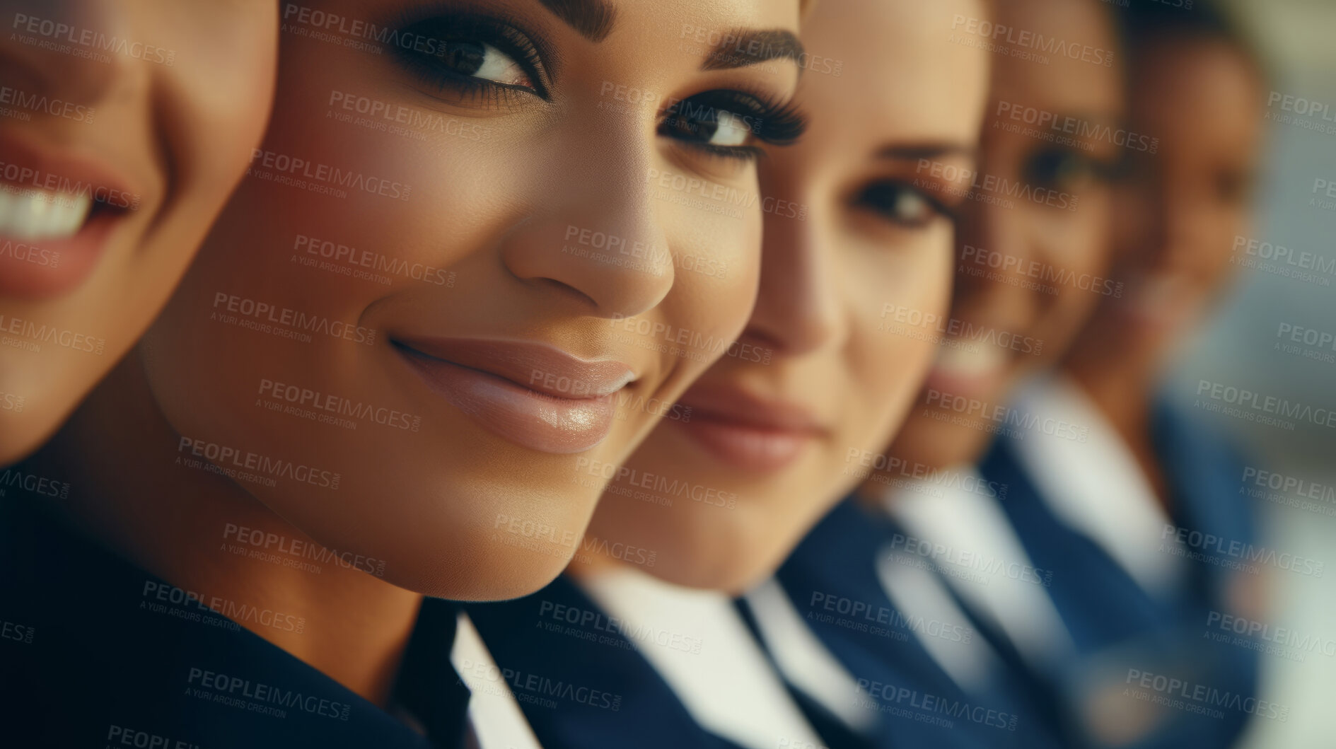 Buy stock photo Group of smiling stewardess cabin crew. Friendly service travel concept