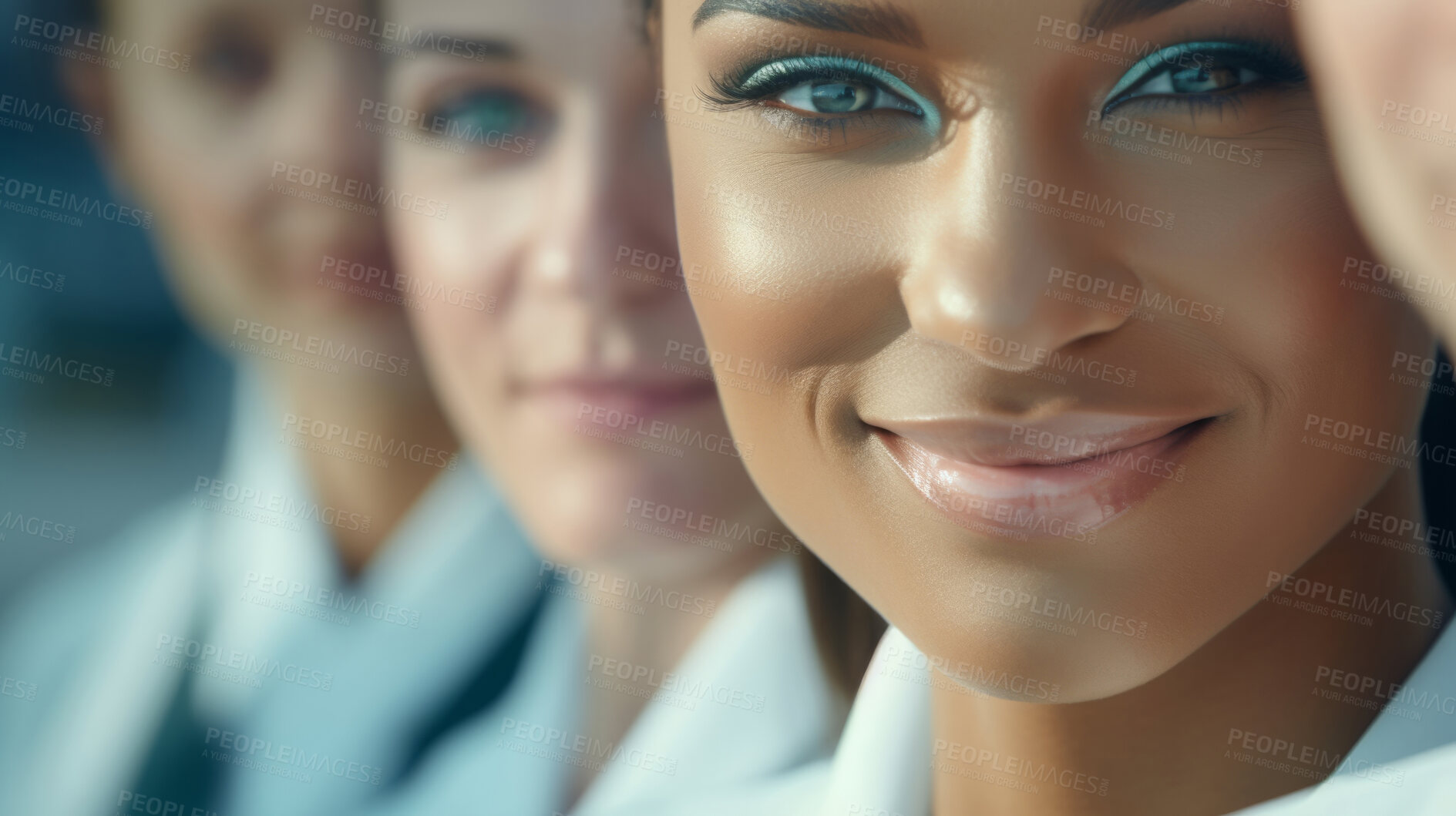 Buy stock photo Group of smiling stewardess cabin crew. Friendly service travel concept