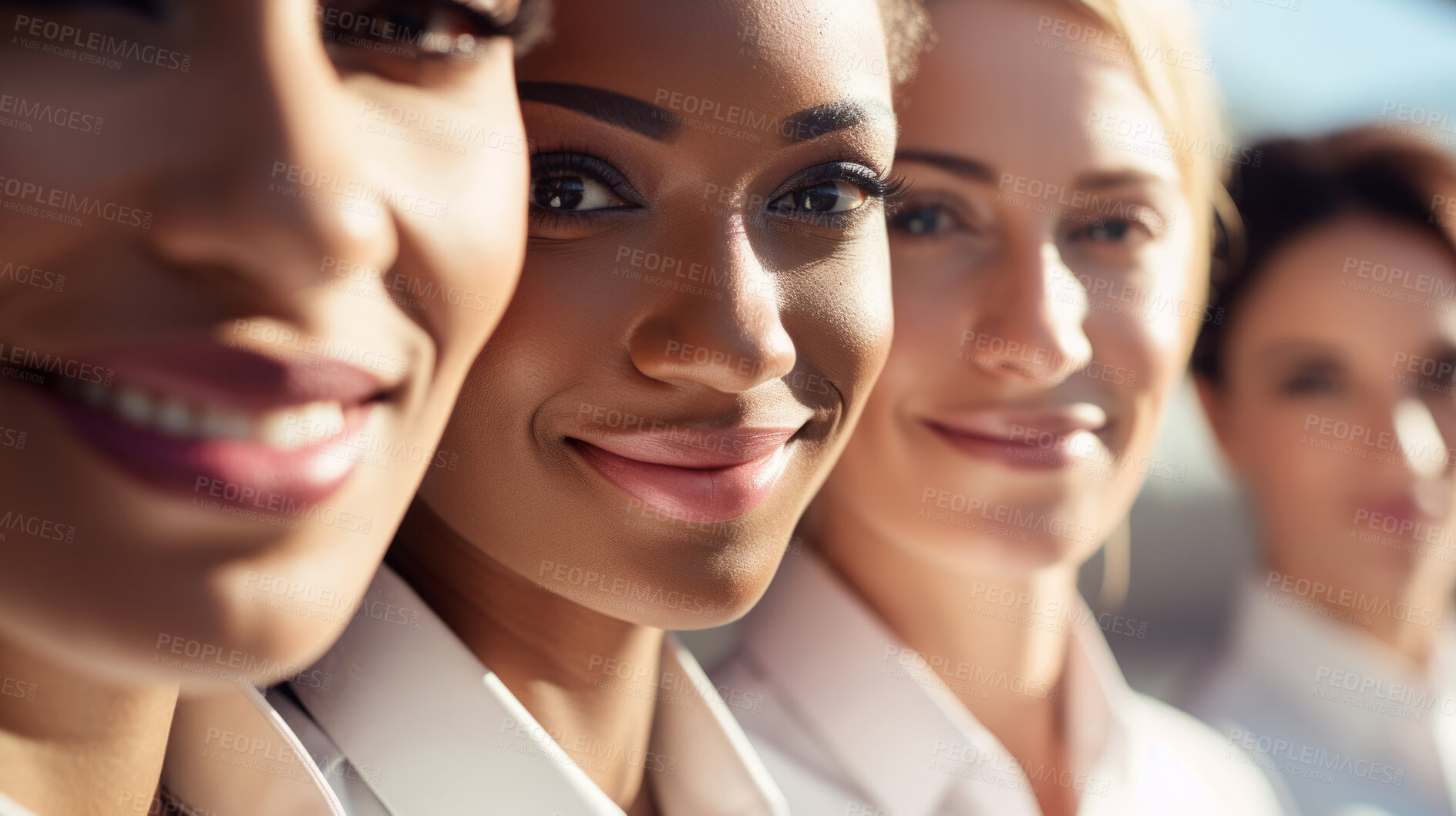 Buy stock photo Group of smiling stewardess cabin crew. Friendly service travel concept