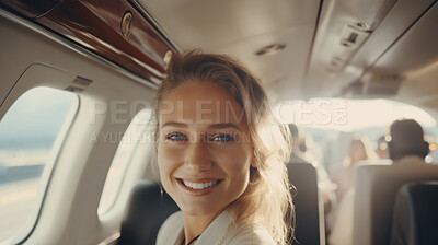 Woman in airplane window seat looking at camera while traveling. Easy lifestyle concept