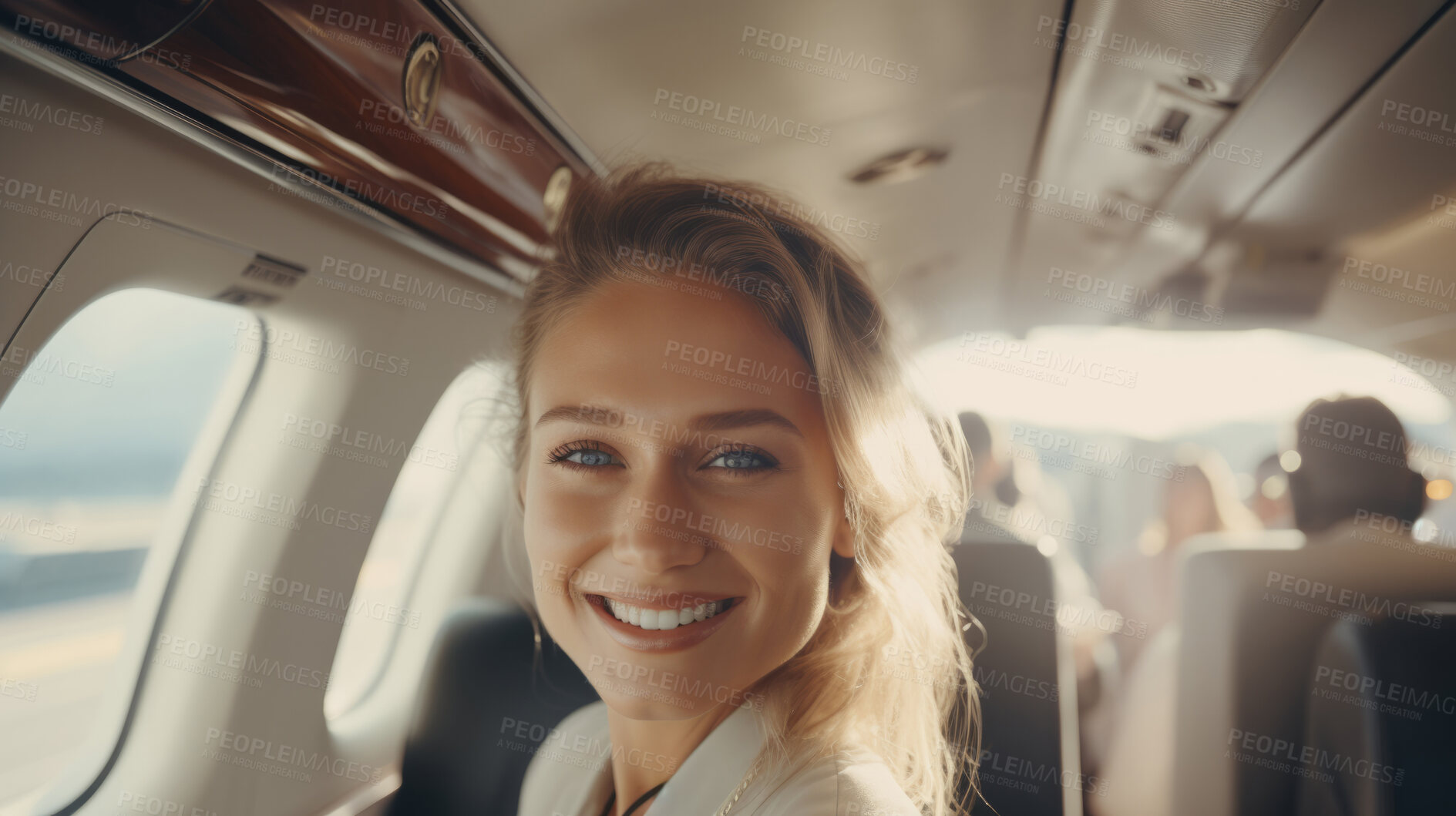 Buy stock photo Woman in airplane window seat looking at camera while traveling. Easy lifestyle concept