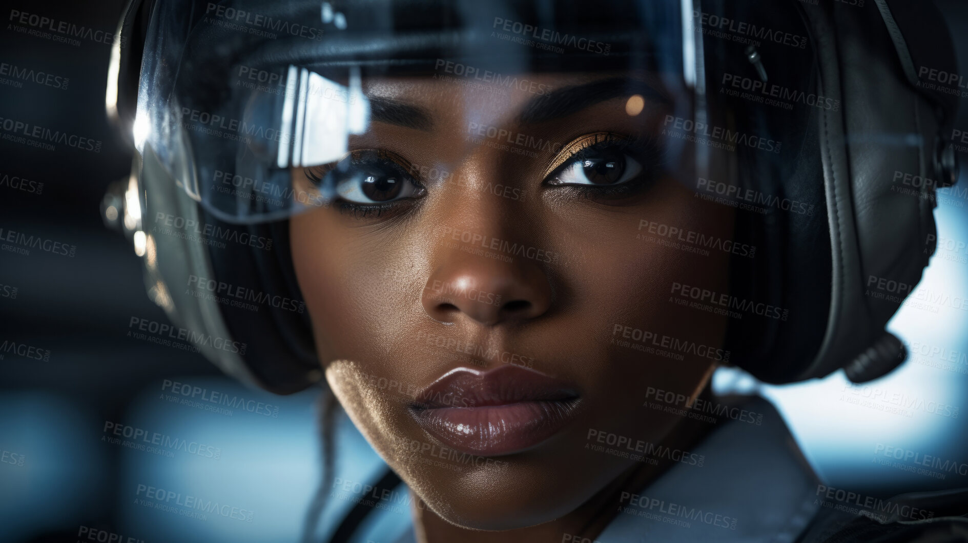 Buy stock photo Smiling female pilot with headset ready for takeoff. Confident safe airforce concept