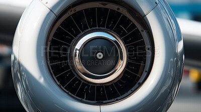 Closeup of airplane jet engine. Rotating blades part of airplane travel concept