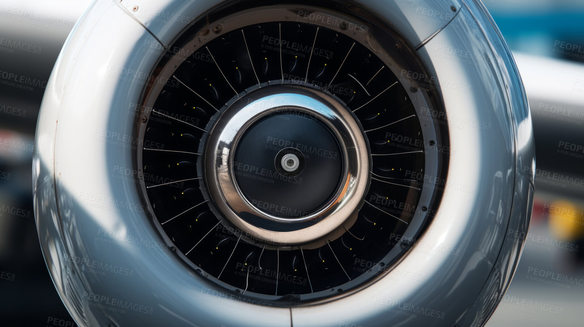 Buy stock photo Closeup of airplane jet engine. Rotating blades part of airplane travel concept