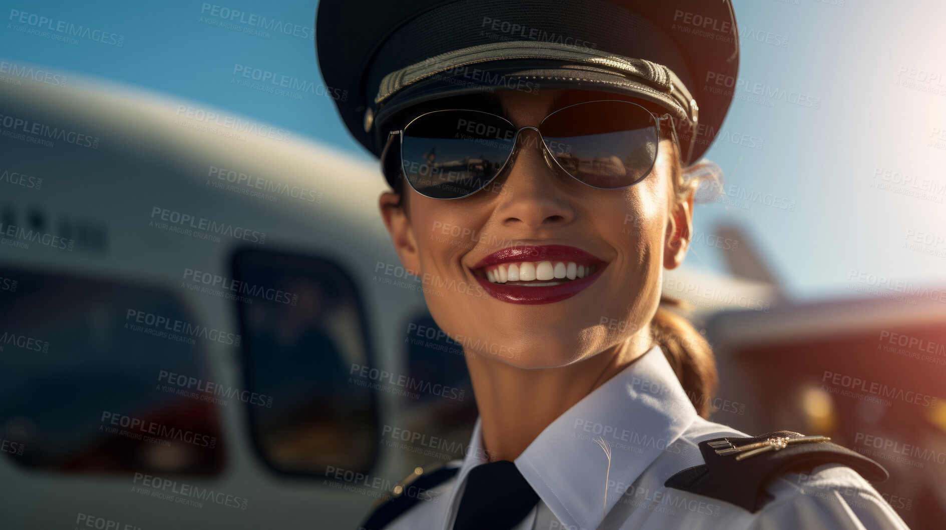 Buy stock photo Smiling female airplane pilot ready for takeoff. Confident safe travel concept